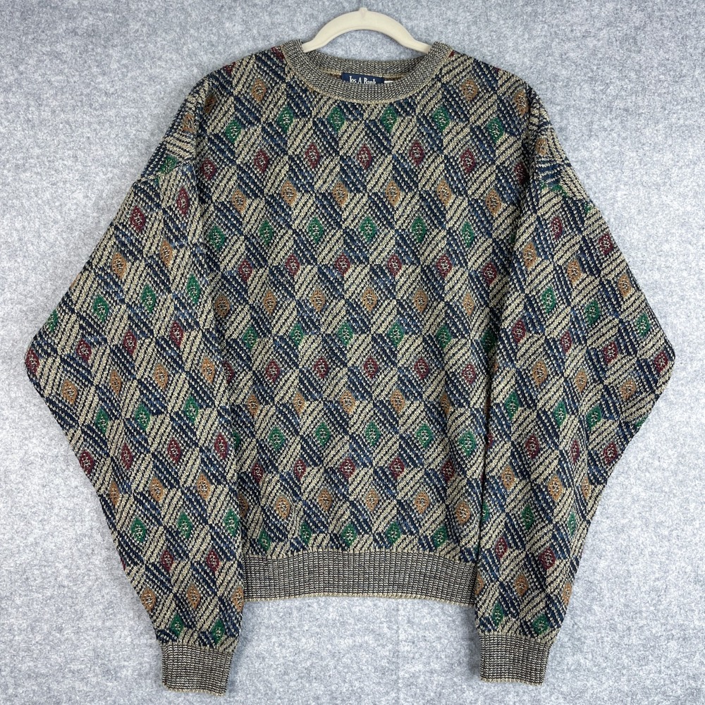 Vintage Jos A Bank Sweater Mens XL Multicolor Geometric Knit Cosby USA Made 80s